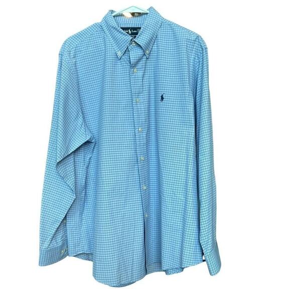 Ralph Lauren Men's Button Down Shirt, Sz. 17, Blue Check, Long Sleeve #11 - Picture 1 of 5